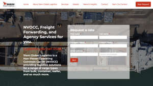 The Siem Global Logistics website, displaying the home page. A request a rate form is shown