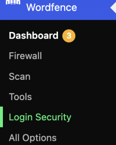 the Wordfence menu with the login security option in green text