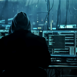 a person in dark clothing with their hood up is sat at desk looking at code on their computer and monitor