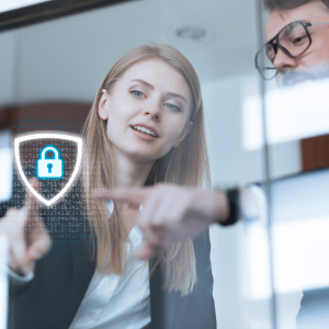 a woman in formal clothing tapping a blue padlock icon