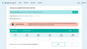 booking system on a client website showing the times available