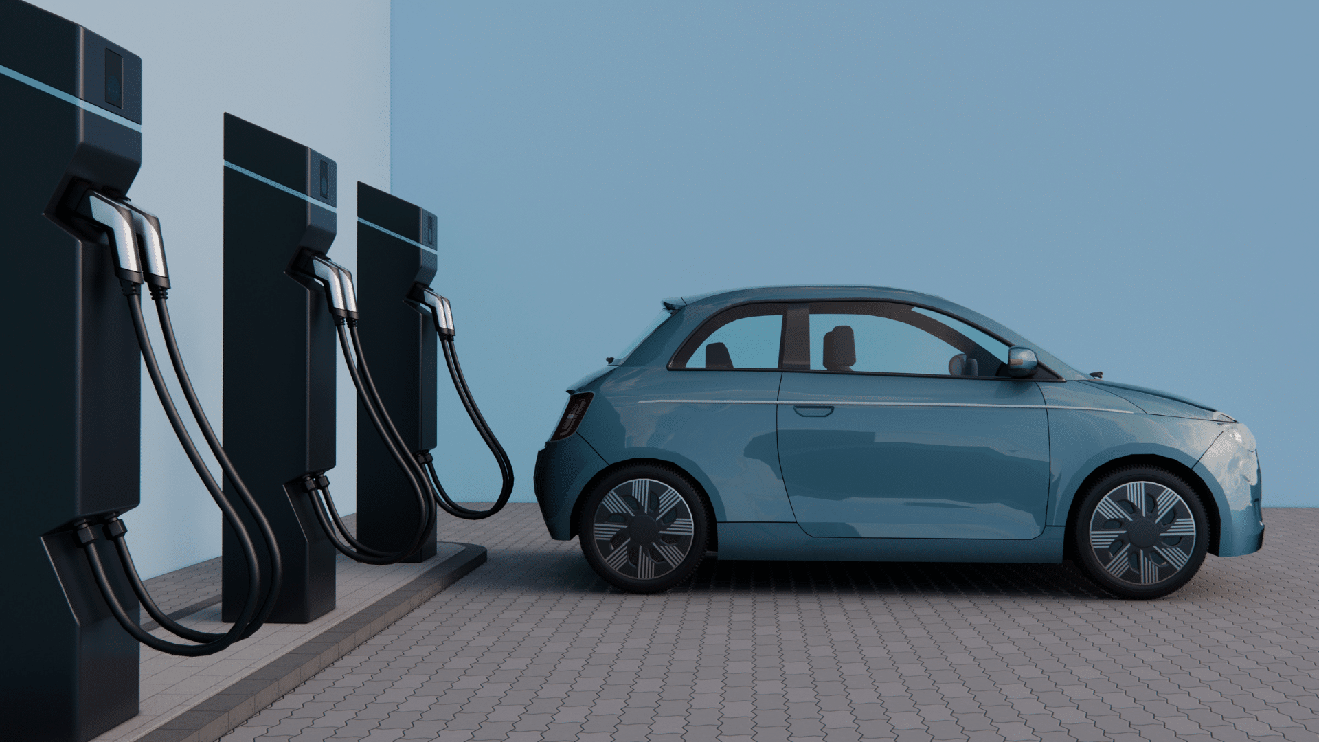 a pastel blue electric vehicle parked at a charging point