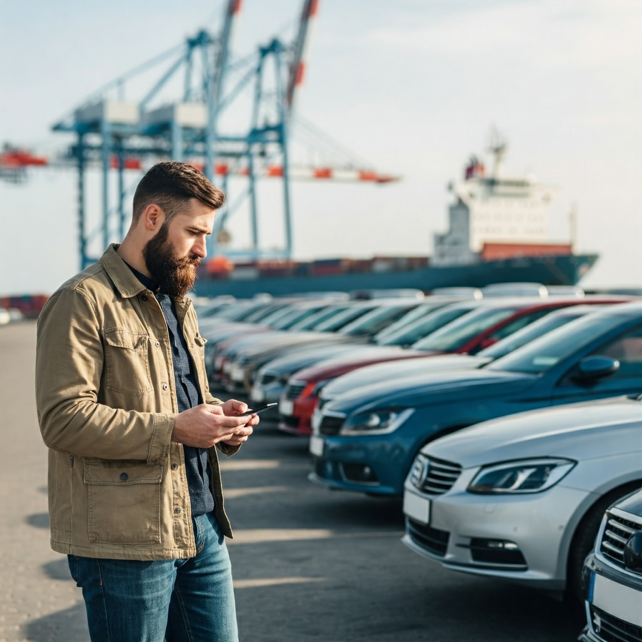 Man on mobile phone infront of cars at a port