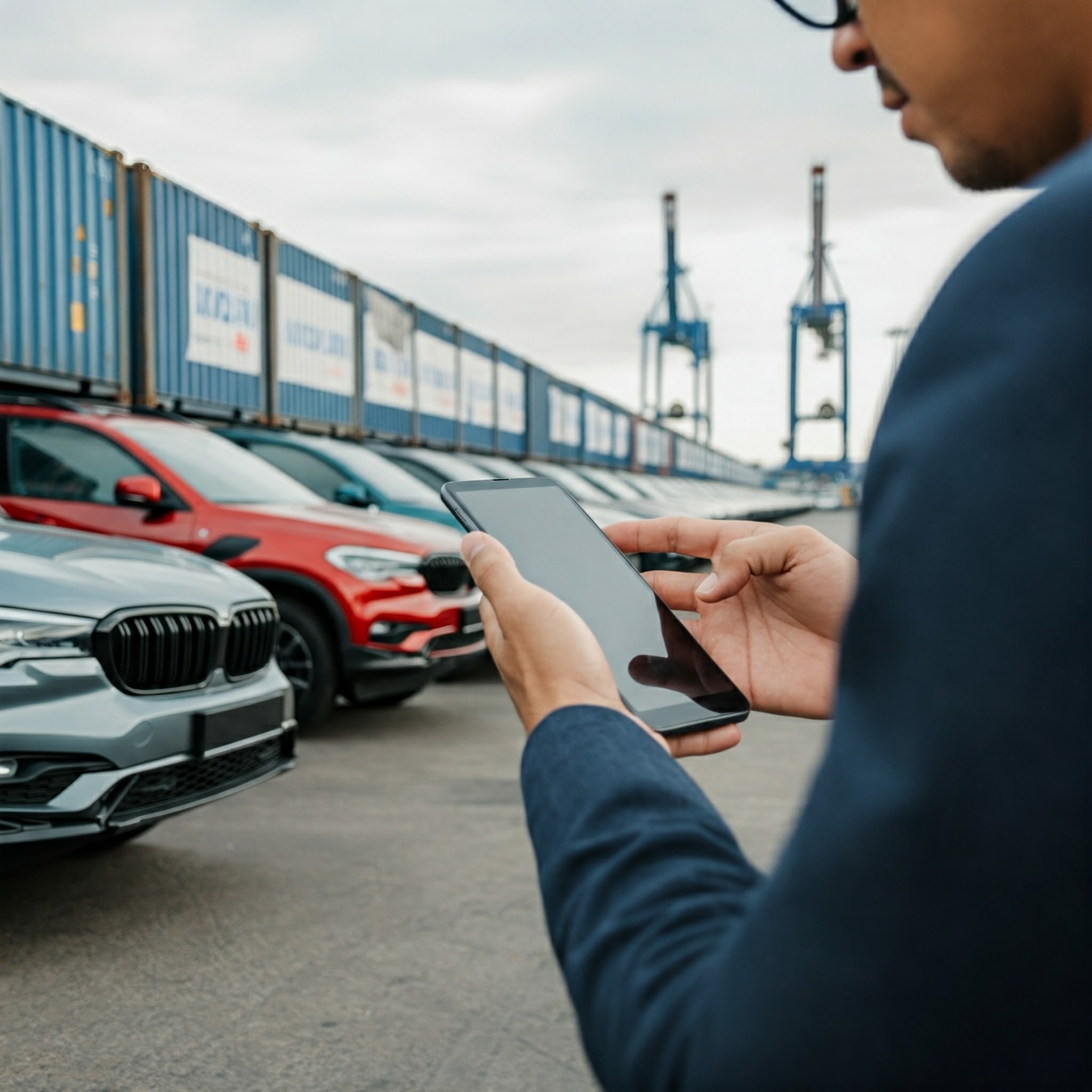 Close up of man on phone infront of cars at a port
