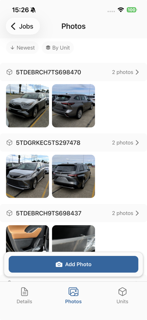 Bison Inspect mobile app - VIN-organised vehicle photos
