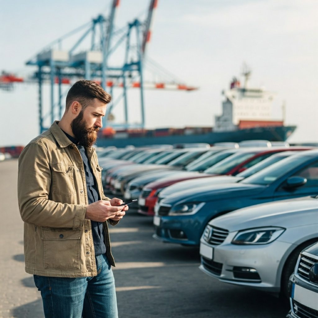 Vehicle inspector using mobile phone to conduct inspection at a port terminal with cars lined up