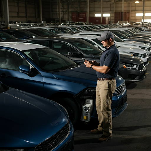 Marine surveyor conducting vehicle cargo inspection at port terminal