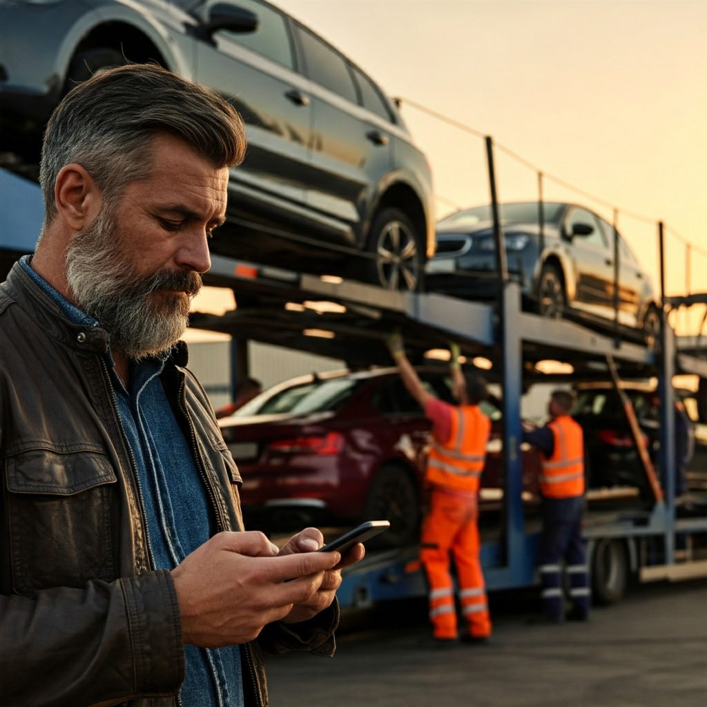 Vehicle transporter truck loaded with cars at a delivery compound