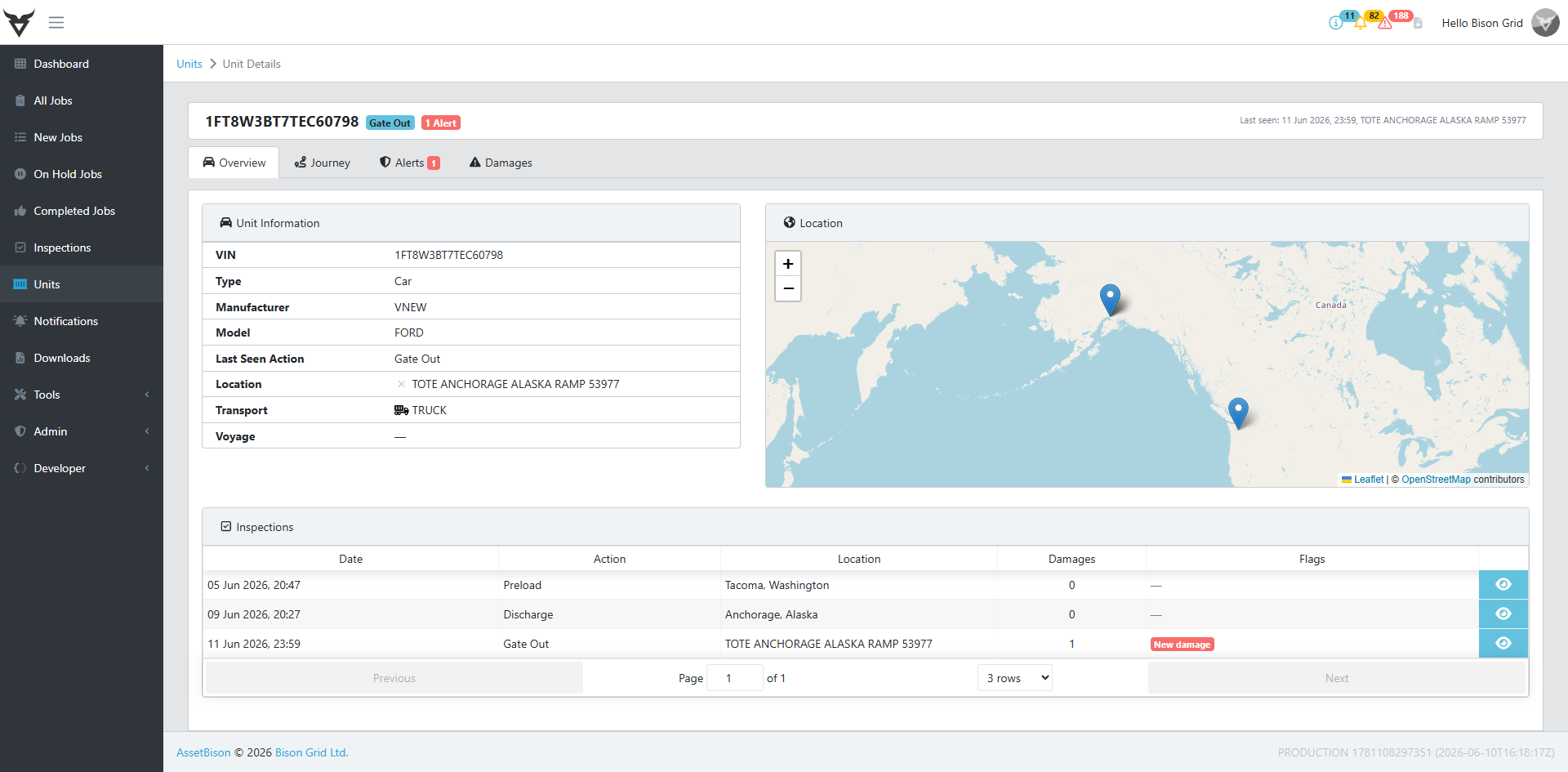 Bison Grid dashboard — unit detail with journey timeline, location map and inspection history