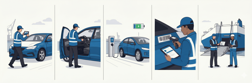Illustration of the five vehicle inspection points during shipping: exterior and bodywork, interior and trim, EV readiness, VIN and documentation, and handover evidence.